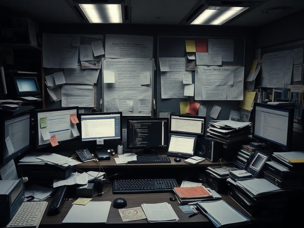 Bureau désordonné avec de nombreux écrans, post-it et notifications