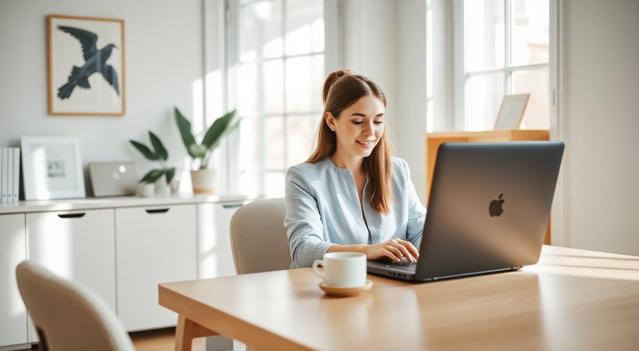 Consultante freelance travaillant sereinement dans un bureau lumineux