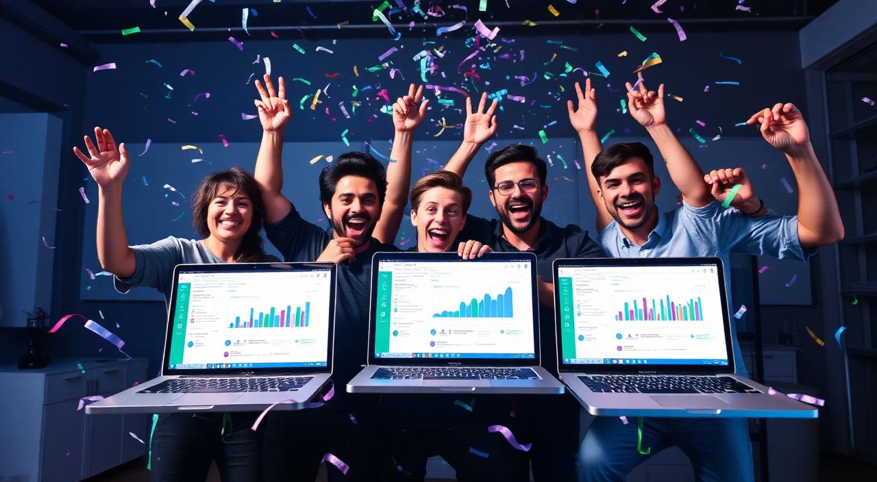 Équipe startup célébrant un lancement produit avec confettis