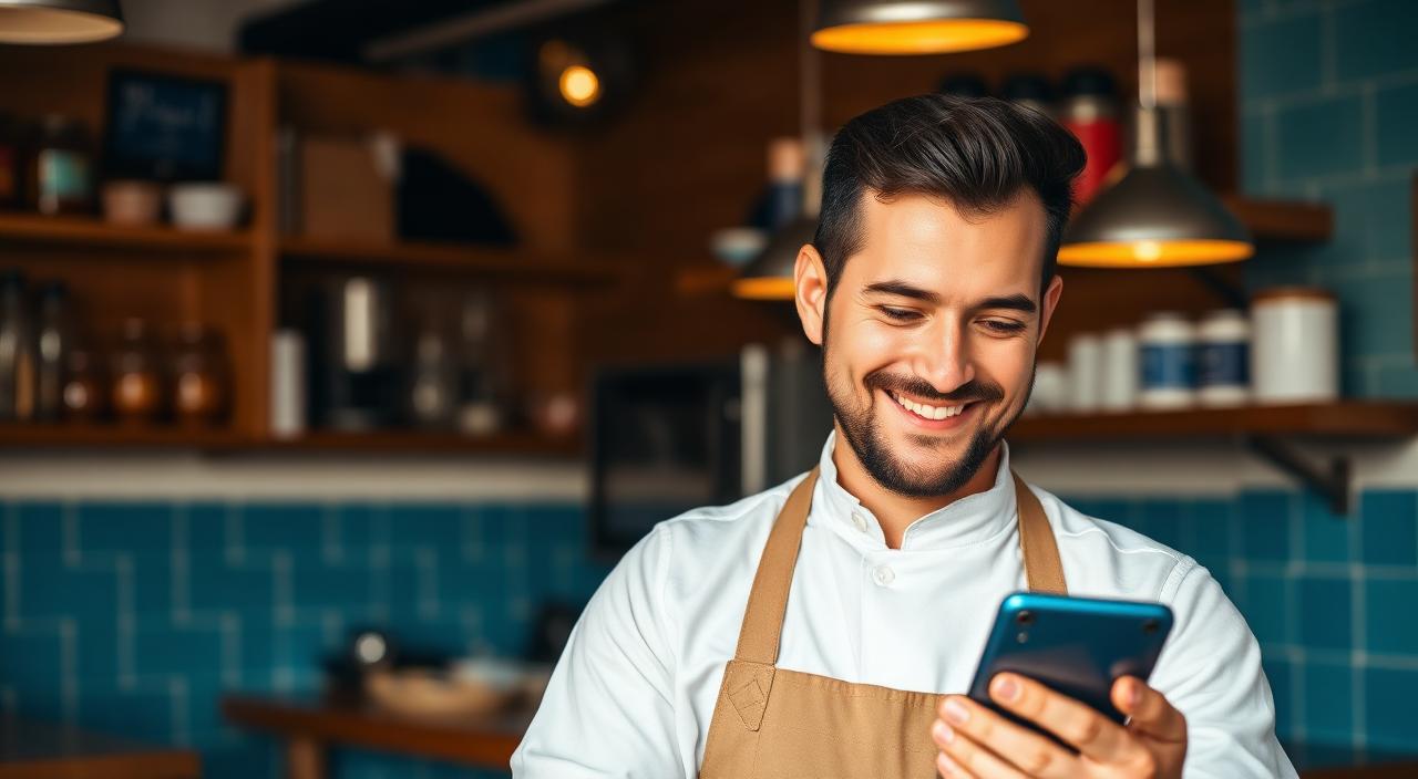 Restaurateur souriant qui consulte son smartphone dans sa cuisine